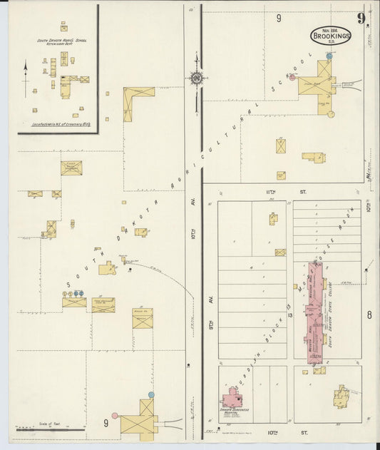 Sanborn Fire Insurance Map from Brookings, Brookings County, South Dakota (1916), Sheet #0009 - Historic Sanborn Fire Insurance Map Print, vintage old map wall art, antique decor, genealogy gift, South Dakota South Dakota map