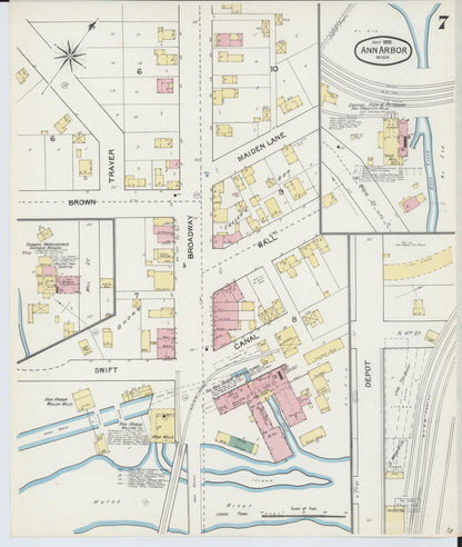 Sanborn Fire Insurance Map from Ann Arbor, Washtenaw County, Michigan (1892), Sheet #0007 - Historic Sanborn Fire Insurance Map Print, vintage old map wall art, antique decor, genealogy gift, Michigan Michigan map