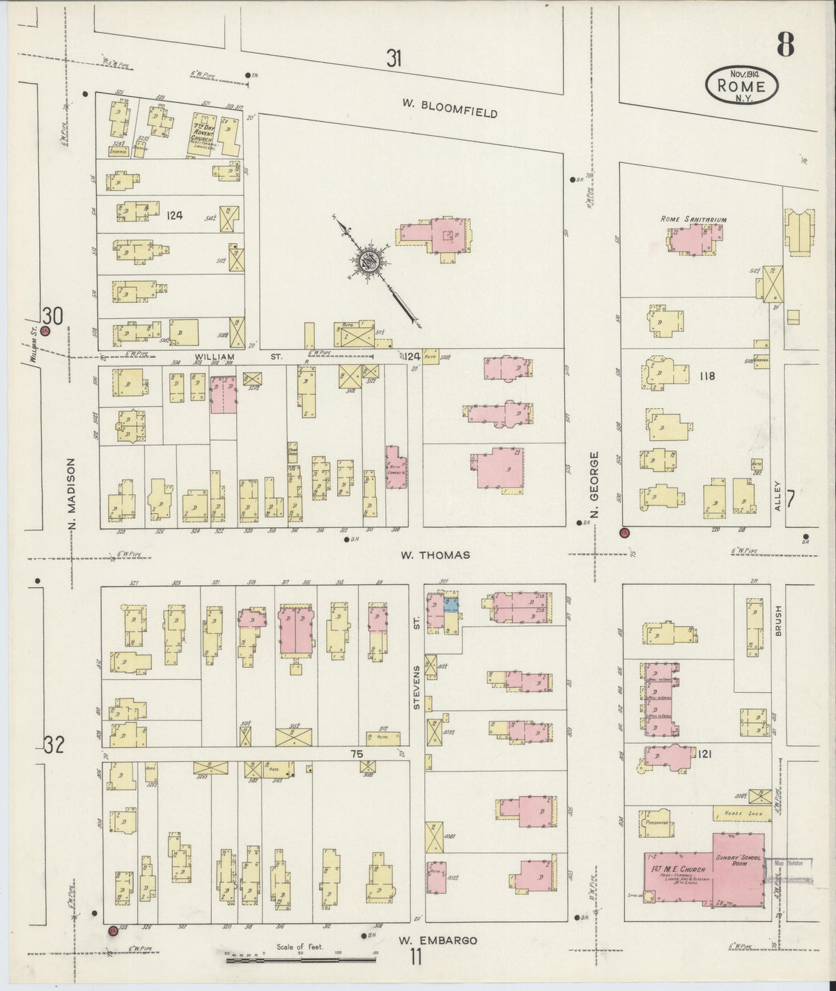 Sanborn Fire Insurance Map from Rome, Oneida County, New York (1914), Sheet #0008 - Historic Sanborn Fire Insurance Map Print, vintage old map wall art, antique decor, genealogy gift, New York New York map