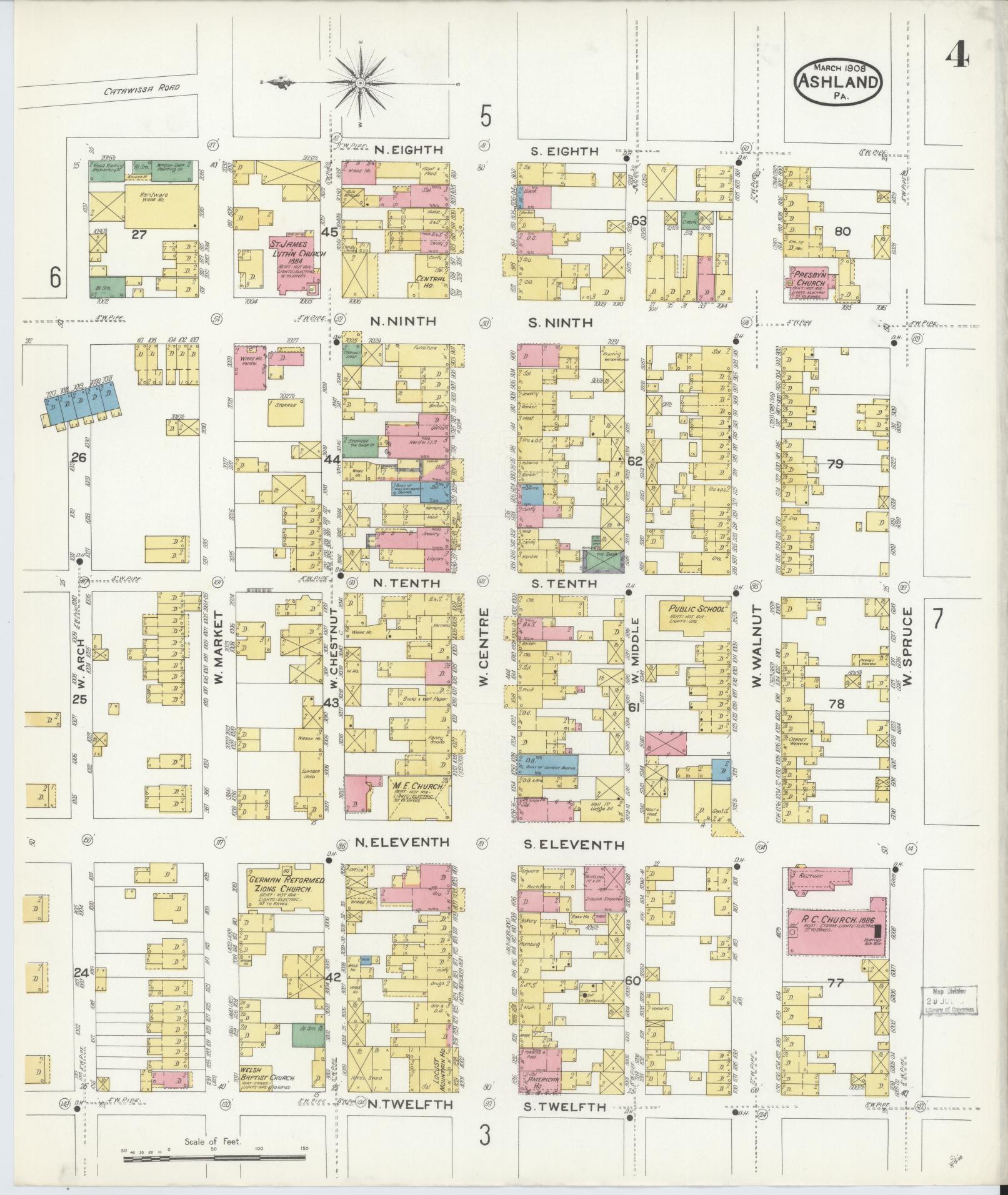Sanborn Fire Insurance Map from Ashland, Schuylkill County, Pennsylvania (1908), Sheet #0004 - Historic Sanborn Fire Insurance Map Print, vintage old map wall art, antique decor, genealogy gift, Pennsylvania Pennsylvania map