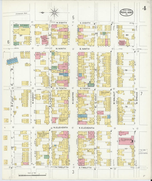 Sanborn Fire Insurance Map from Ashland, Schuylkill County, Pennsylvania (1908), Sheet #0004 - Historic Sanborn Fire Insurance Map Print, vintage old map wall art, antique decor, genealogy gift, Pennsylvania Pennsylvania map