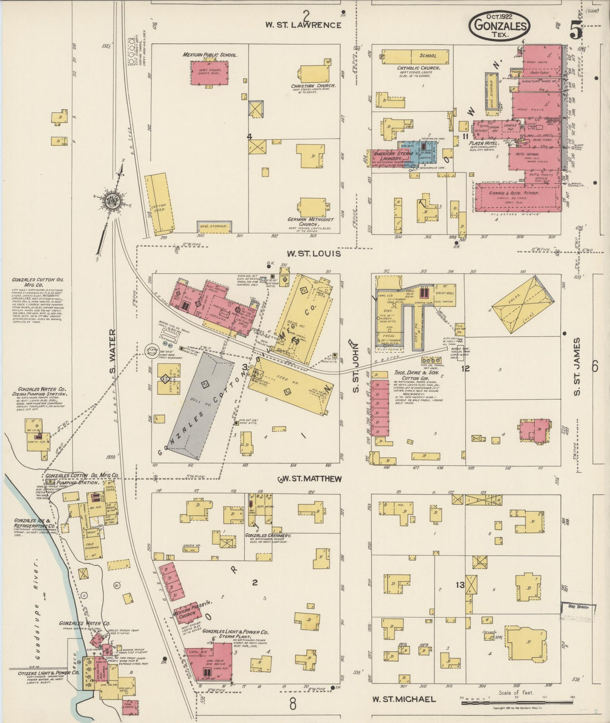 Sanborn Fire Insurance Map from Gonzales, Gonzales County, Texas (1922), Sheet #0005 - Historic Sanborn Fire Insurance Map Print, vintage old map wall art, antique decor, genealogy gift, Texas Texas map