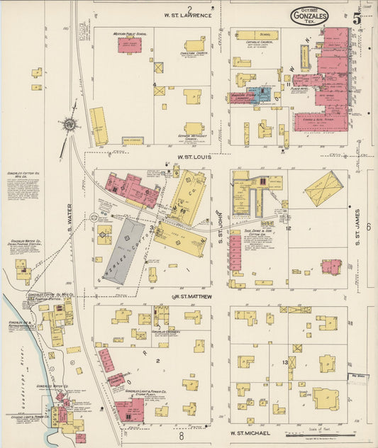 Sanborn Fire Insurance Map from Gonzales, Gonzales County, Texas (1922), Sheet #0005 - Historic Sanborn Fire Insurance Map Print, vintage old map wall art, antique decor, genealogy gift, Texas Texas map