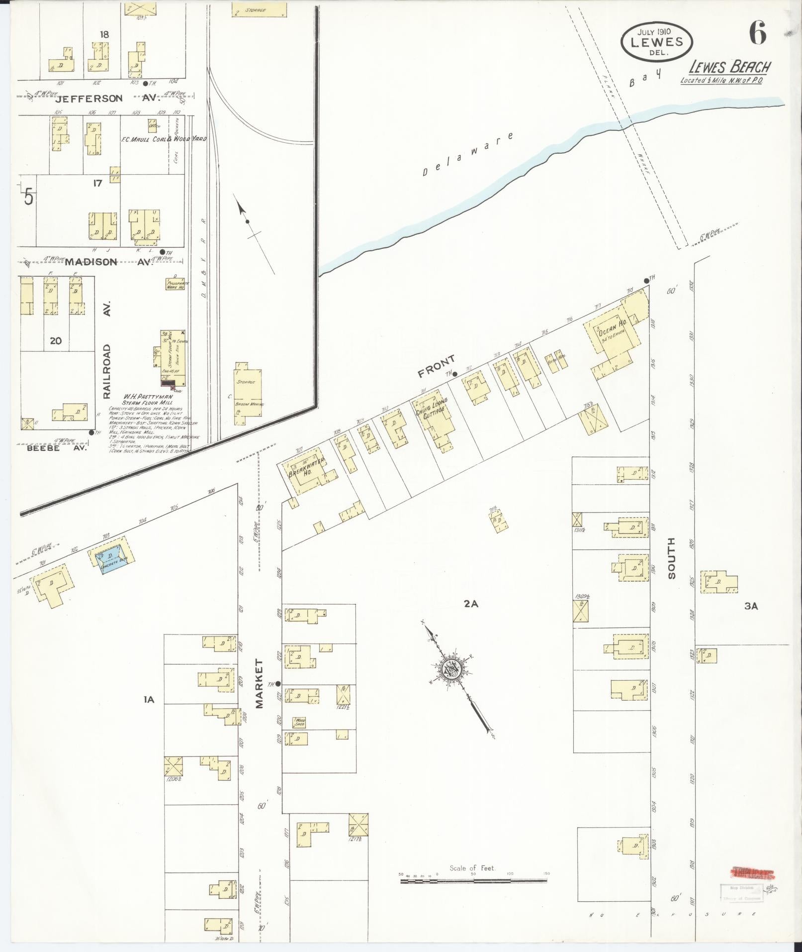 Sanborn Fire Insurance Map from Lewes, Sussex County, Delaware (1910), Sheet #0006 - Complete Map Set gallery image, historic Sanborn map, vintage wall art, Delaware Delaware