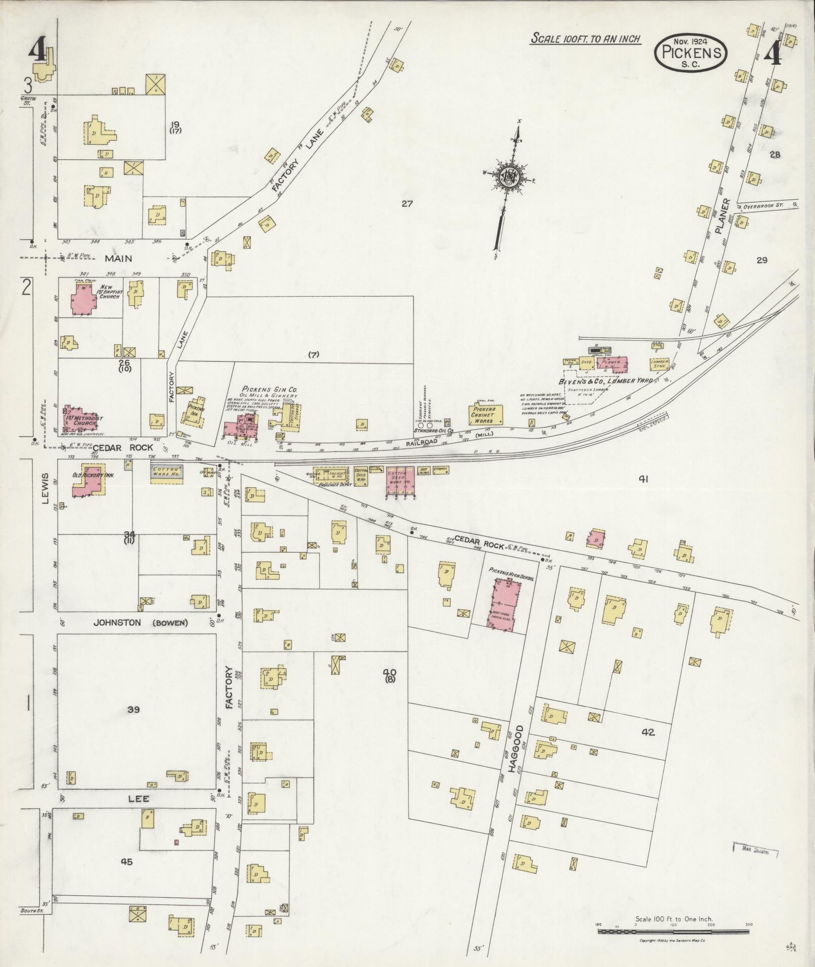 Sanborn Fire Insurance Map from Pickens, Pickens County, South Carolina (1924), Sheet #0004 - Historic Sanborn Fire Insurance Map Print, vintage old map wall art, antique decor, genealogy gift, South Carolina South Carolina map