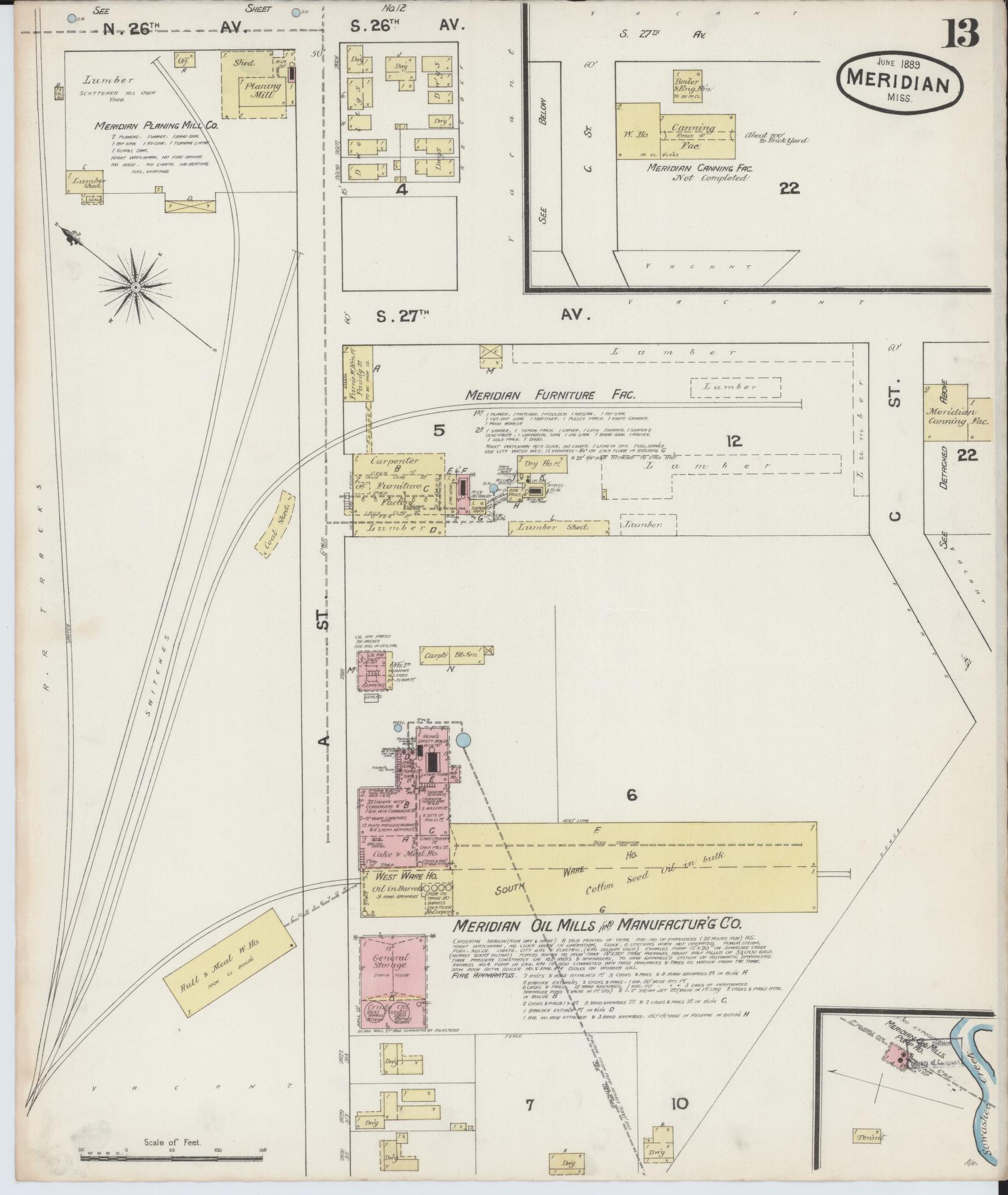 Sanborn Fire Insurance Map from Meridian, Lauderdale County, Mississippi (1889), Sheet #0013 - Complete Map Set gallery image, historic Sanborn map, vintage wall art, Mississippi Mississippi