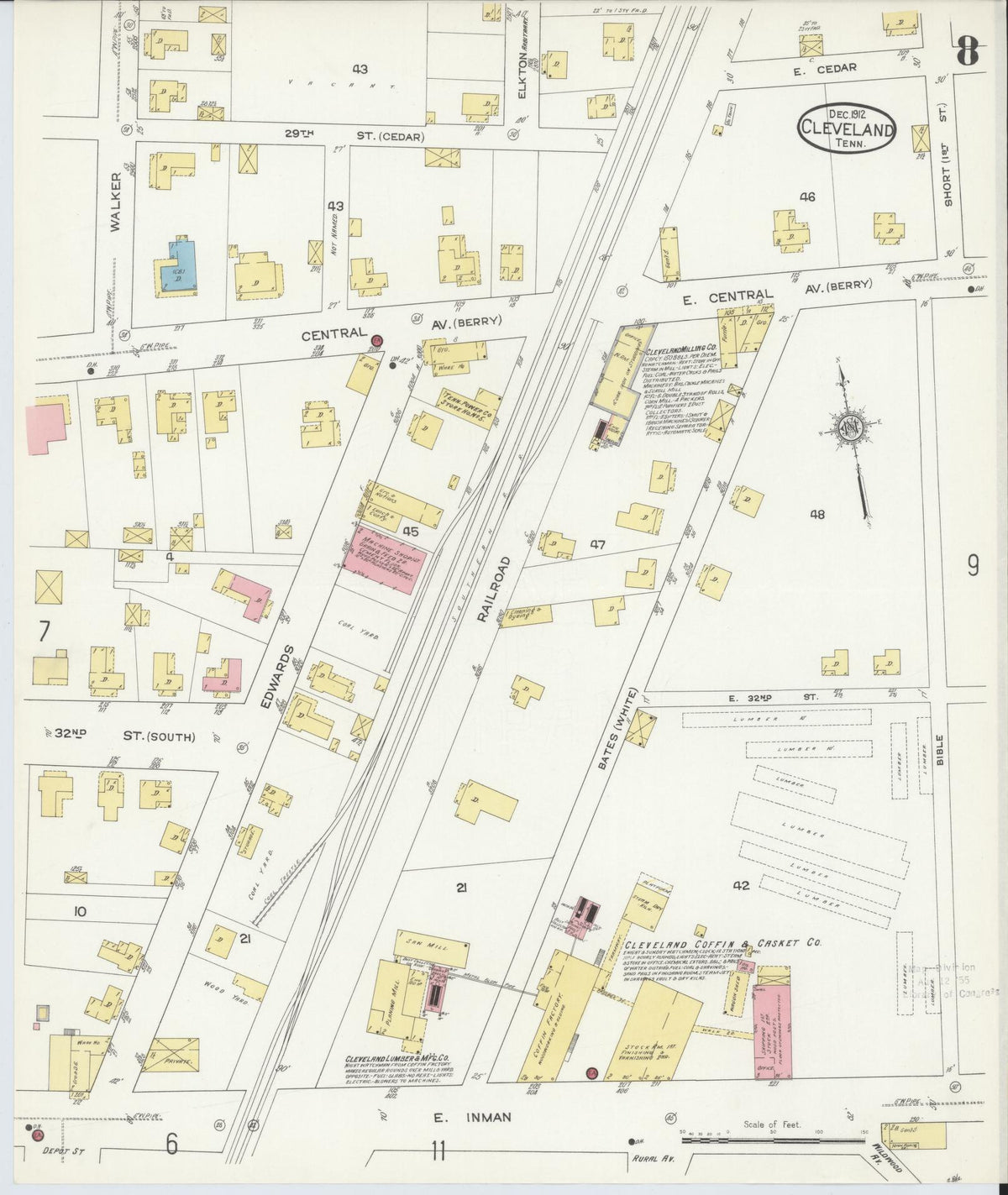 Sanborn Fire Insurance Map from Cleveland, Bradley County, Tennessee (1912), Sheet #0008 - Complete Map Set gallery image, historic Sanborn map, vintage wall art, Tennessee Tennessee