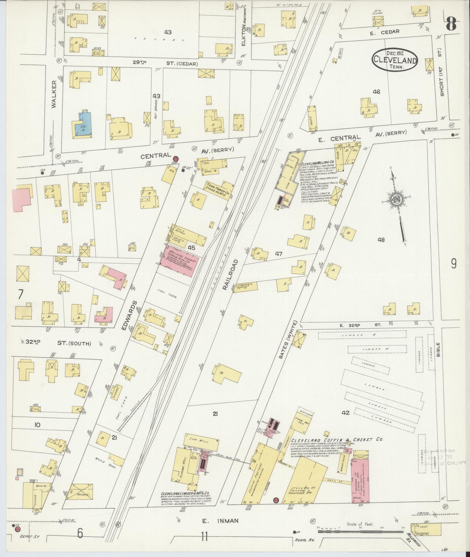 Sanborn Fire Insurance Map from Cleveland, Bradley County, Tennessee (1912), Sheet #0008 - Complete Map Set gallery image, historic Sanborn map, vintage wall art, Tennessee Tennessee
