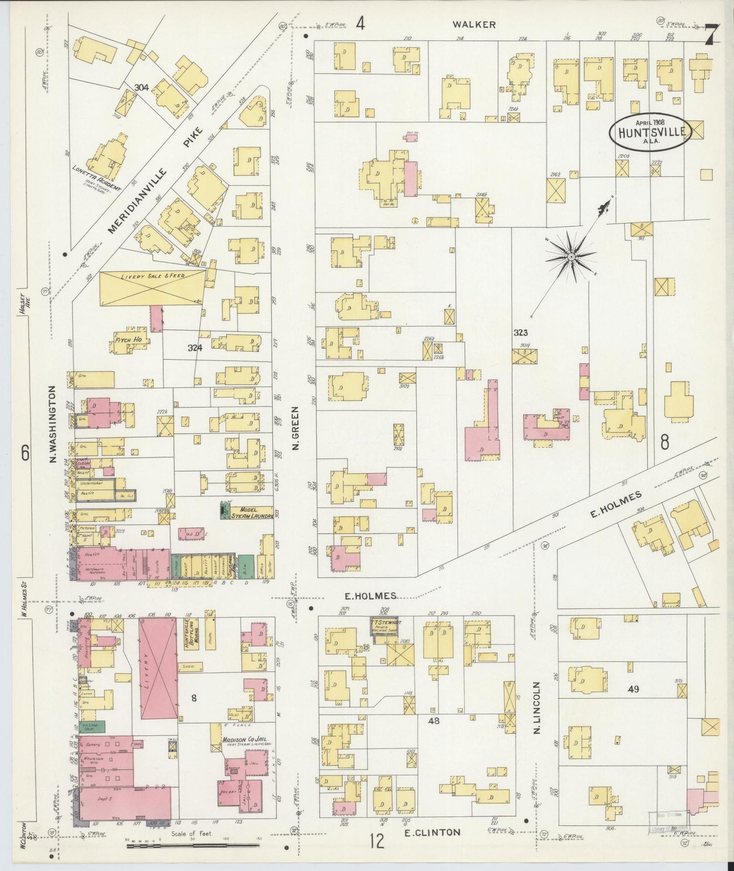 Sanborn Fire Insurance Map from Huntsville, Madison County, Alabama (1908), Sheet #0007 - Complete Map Set gallery image, historic Sanborn map, vintage wall art, Alabama Alabama