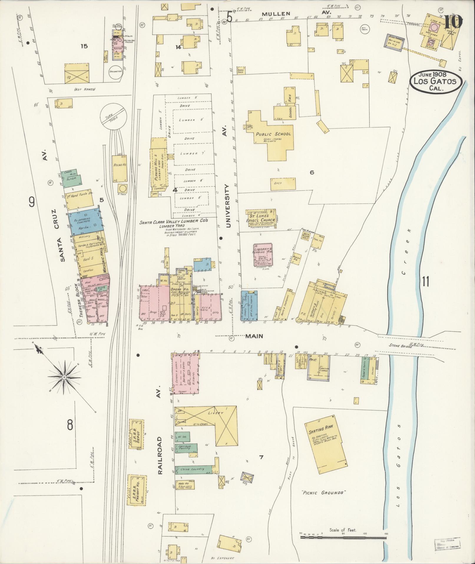 Sanborn Fire Insurance Map from Los Gatos, Santa Clara County, California (1908), Sheet #0010 - Historic Sanborn Fire Insurance Map Print, vintage old map wall art, antique decor, genealogy gift, California California map