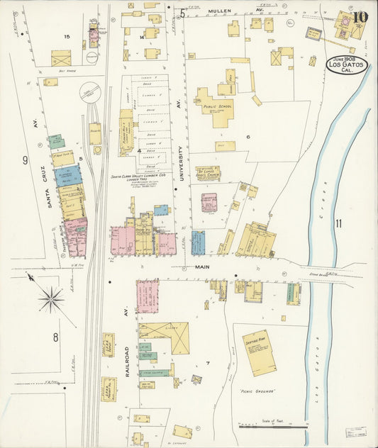 Sanborn Fire Insurance Map from Los Gatos, Santa Clara County, California (1908), Sheet #0010 - Historic Sanborn Fire Insurance Map Print, vintage old map wall art, antique decor, genealogy gift, California California map