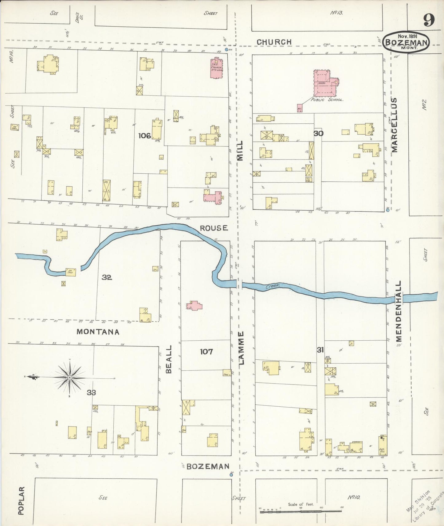 Sanborn Fire Insurance Map from Bozeman, Gallatin County, Montana (1891), Sheet #0009 - Historic Sanborn Fire Insurance Map Print, vintage old map wall art, antique decor, genealogy gift, Montana Montana map