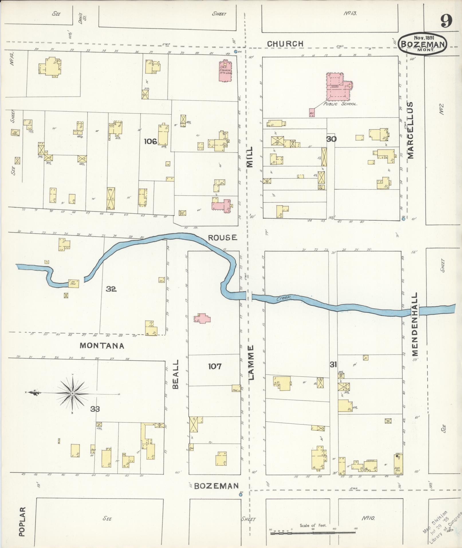 Sanborn Fire Insurance Map from Bozeman, Gallatin County, Montana (1891), Sheet #0009 - Historic Sanborn Fire Insurance Map Print, vintage old map wall art, antique decor, genealogy gift, Montana Montana map
