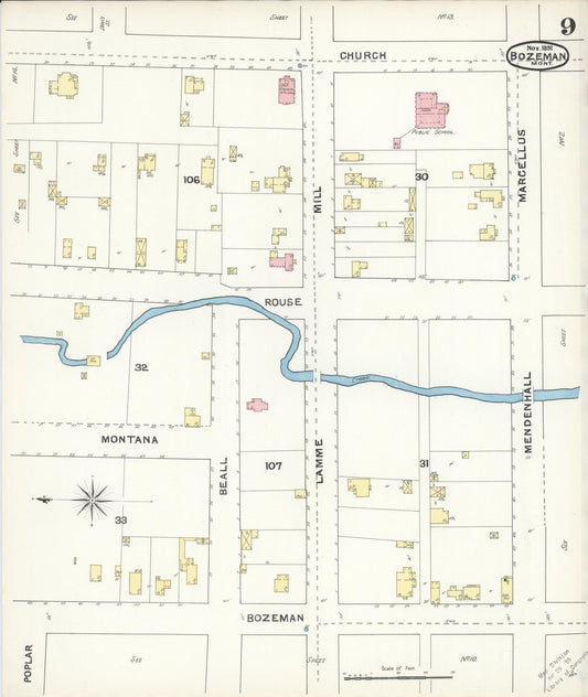 Sanborn Fire Insurance Map from Bozeman, Gallatin County, Montana (1891), Sheet #0009 - Historic Sanborn Fire Insurance Map Print, vintage old map wall art, antique decor, genealogy gift, Montana Montana map