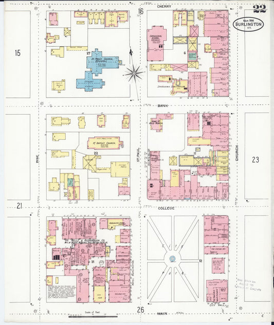 Sanborn Fire Insurance Map from Burlington, Chittenden County, Vermont (1906), Sheet #0022 - Historic Sanborn Fire Insurance Map Print, vintage old map wall art, antique decor, genealogy gift, Vermont Vermont map