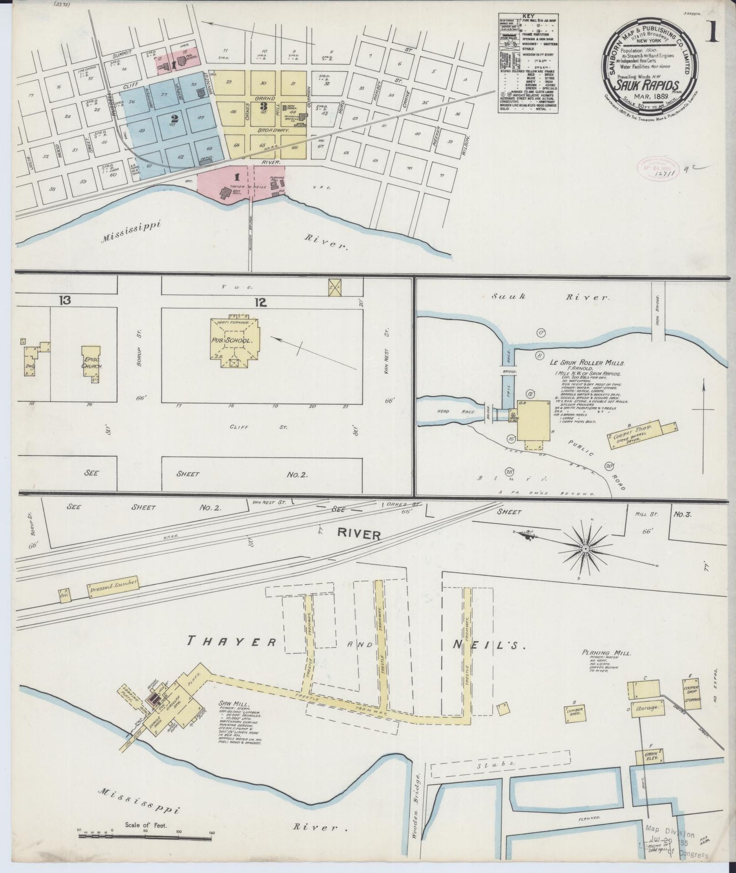Sanborn Fire Insurance Map from Sauk Rapids, Benton County, Minnesota (1889), Sheet #0001 - Complete Map Set gallery image, historic Sanborn map, vintage wall art, Minnesota Minnesota