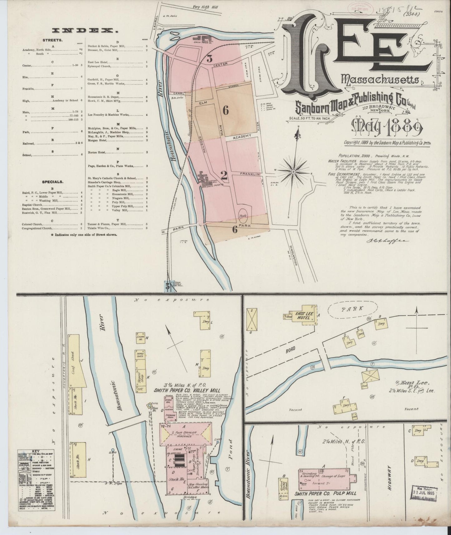 Sanborn Fire Insurance Map from Lee, Berkshire County, Massachusetts (1889), Sheet #0001 - Historic Sanborn Fire Insurance Map Print, vintage old map wall art, antique decor, genealogy gift, Massachusetts Massachusetts map