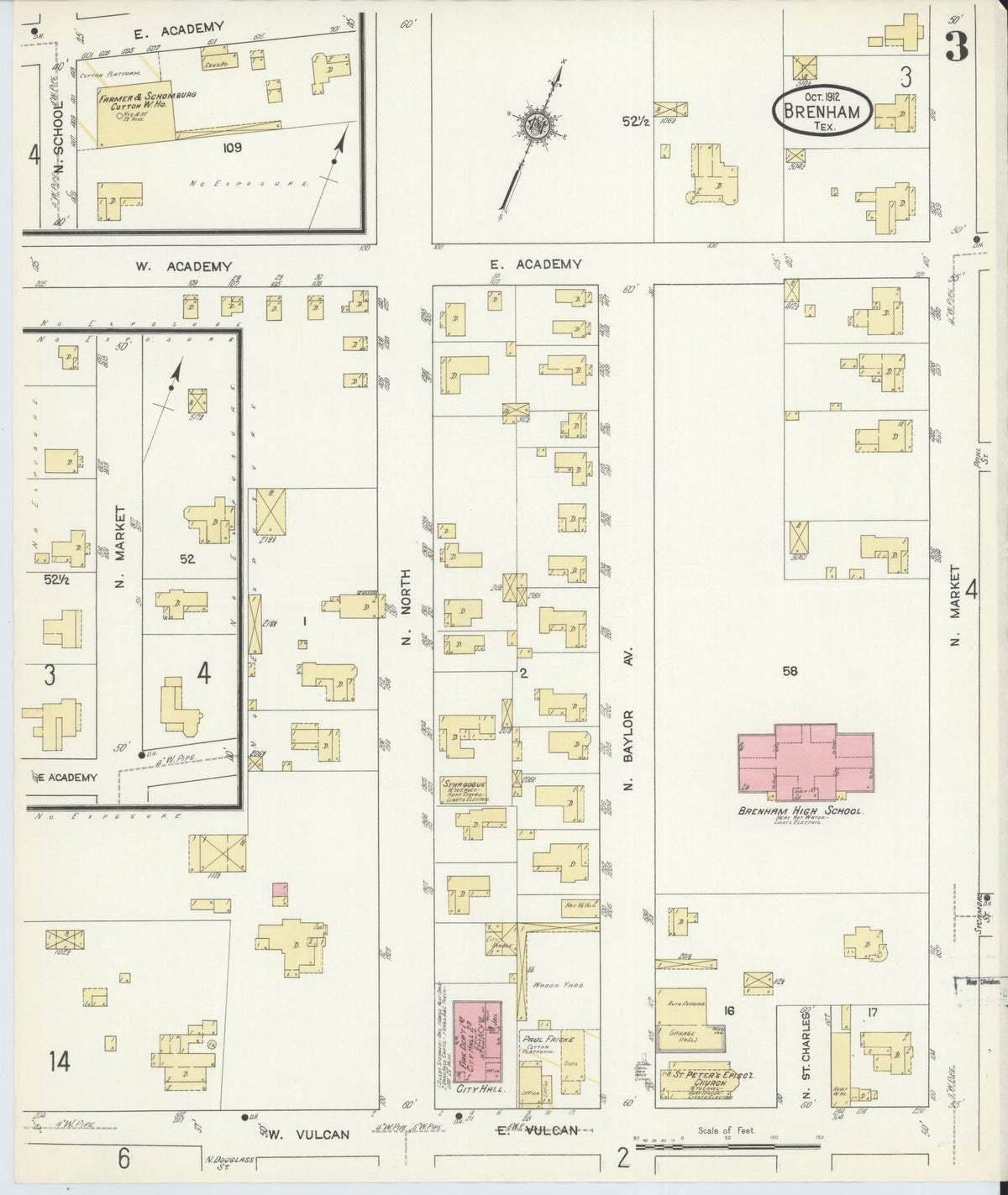 Sanborn Fire Insurance Map from Brenham, Washington County, Texas (1912), Sheet #0003 - Complete Map Set gallery image, historic Sanborn map, vintage wall art, Texas Texas