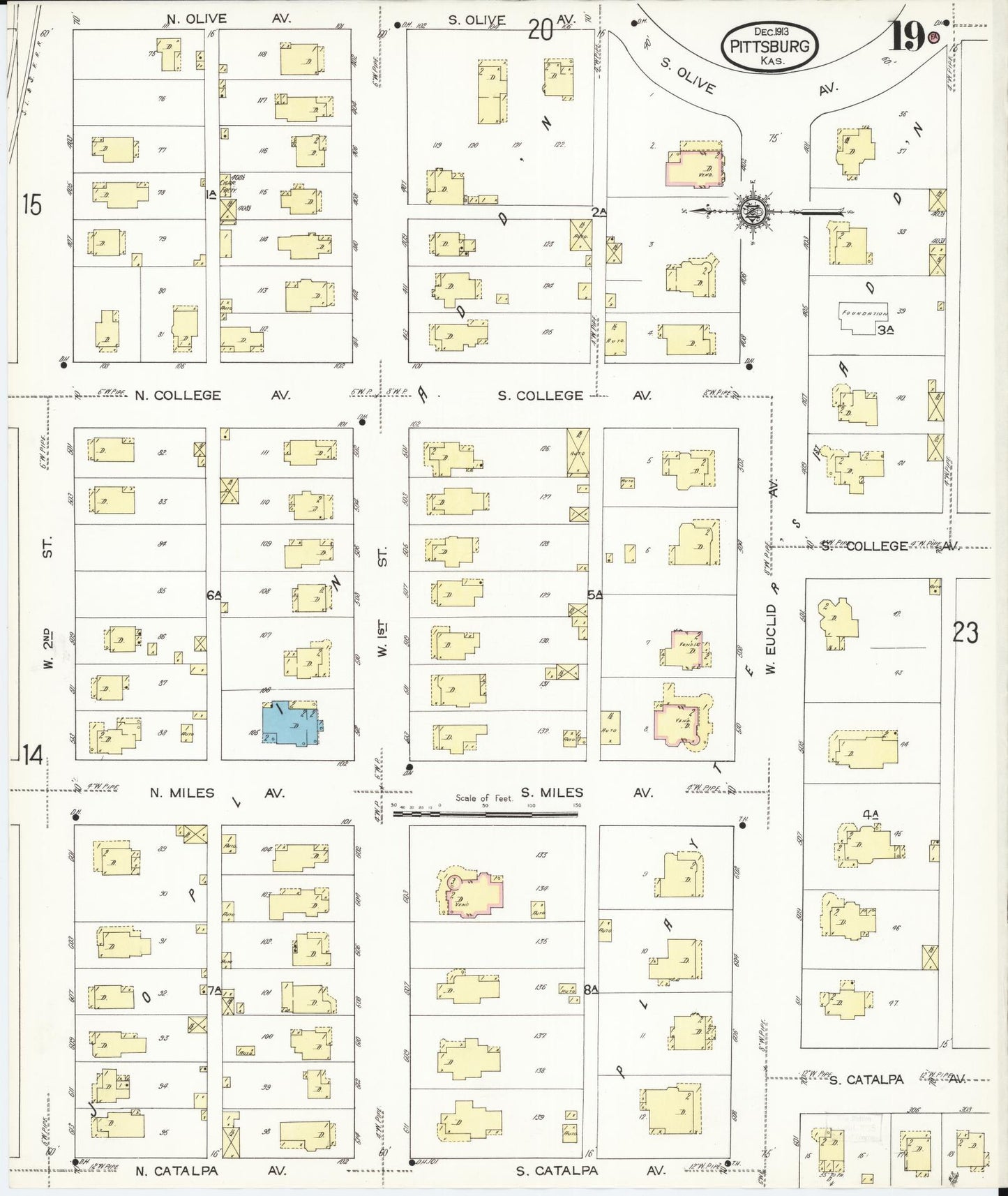 Sanborn Fire Insurance Map from Pittsburg, Crawford County, Kansas (1913), Sheet #0019 - Complete Map Set gallery image, historic Sanborn map, vintage wall art, Kansas Kansas