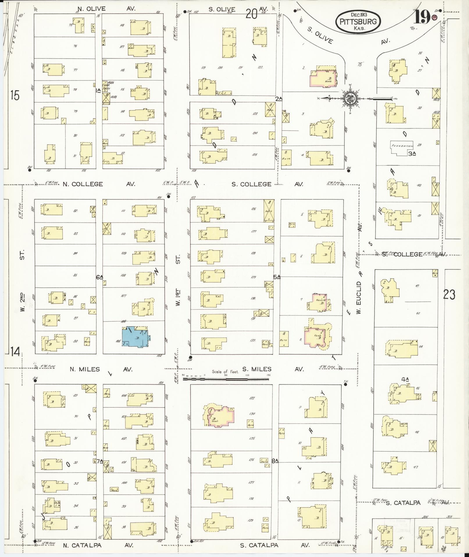Sanborn Fire Insurance Map from Pittsburg, Crawford County, Kansas (1913), Sheet #0019 - Complete Map Set gallery image, historic Sanborn map, vintage wall art, Kansas Kansas