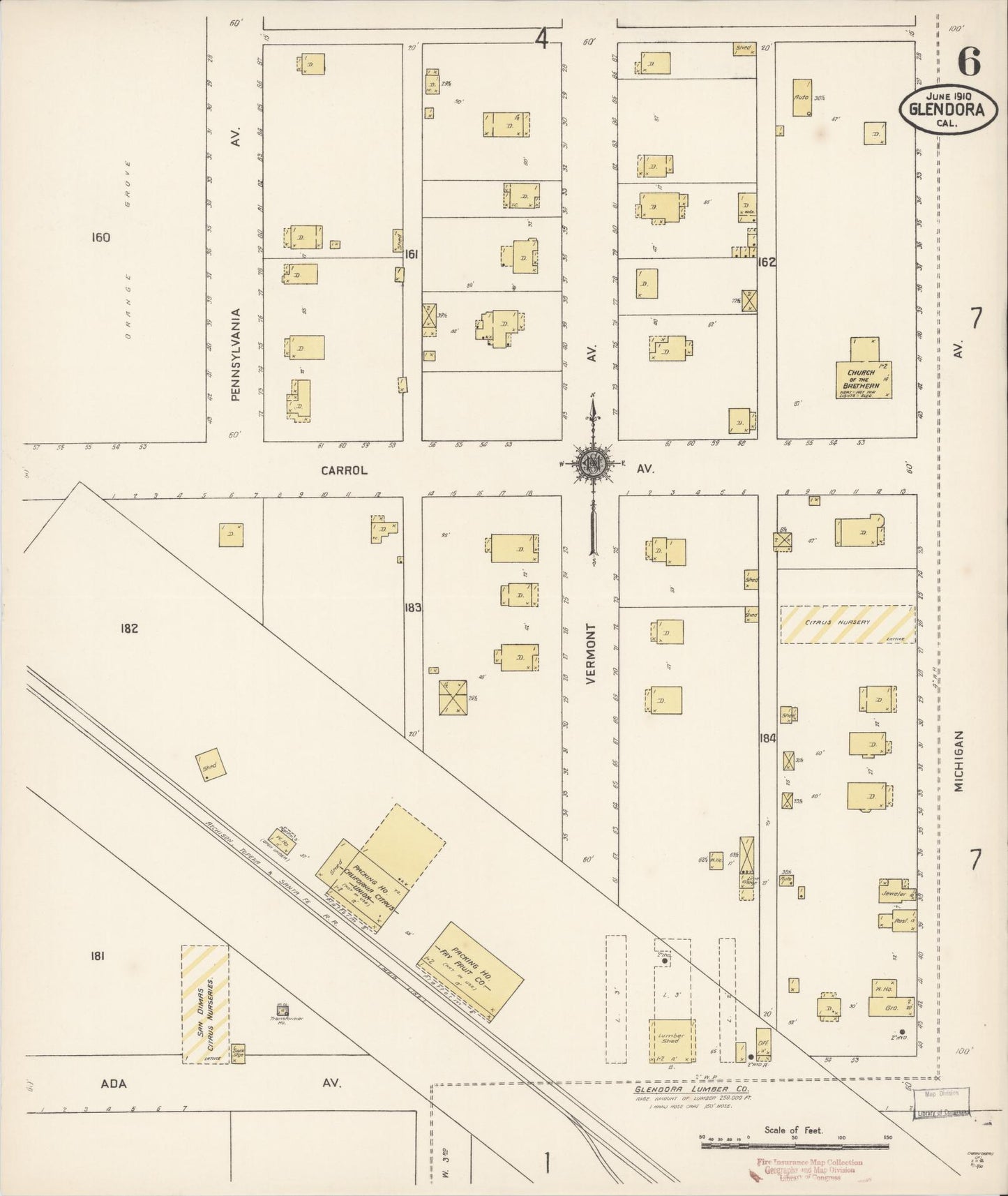 Sanborn Fire Insurance Map from Glendora, Los Angeles County, California (1910), Sheet #0006 - Complete Map Set gallery image, historic Sanborn map, vintage wall art, California California