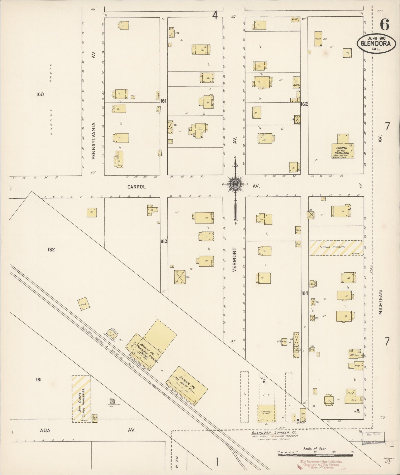 Sanborn Fire Insurance Map from Glendora, Los Angeles County, California (1910), Sheet #0006 - Complete Map Set gallery image, historic Sanborn map, vintage wall art, California California