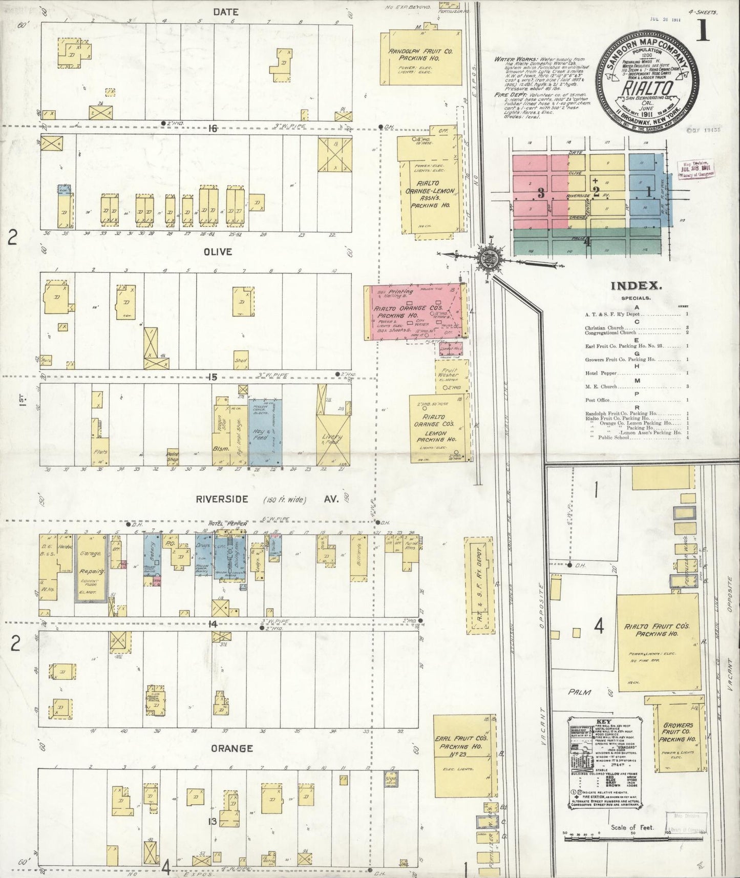 Sanborn Fire Insurance Map from Rialto, San Bernardino County, California (1911), Sheet #0001 - Complete Map Set gallery image, historic Sanborn map, vintage wall art, California California