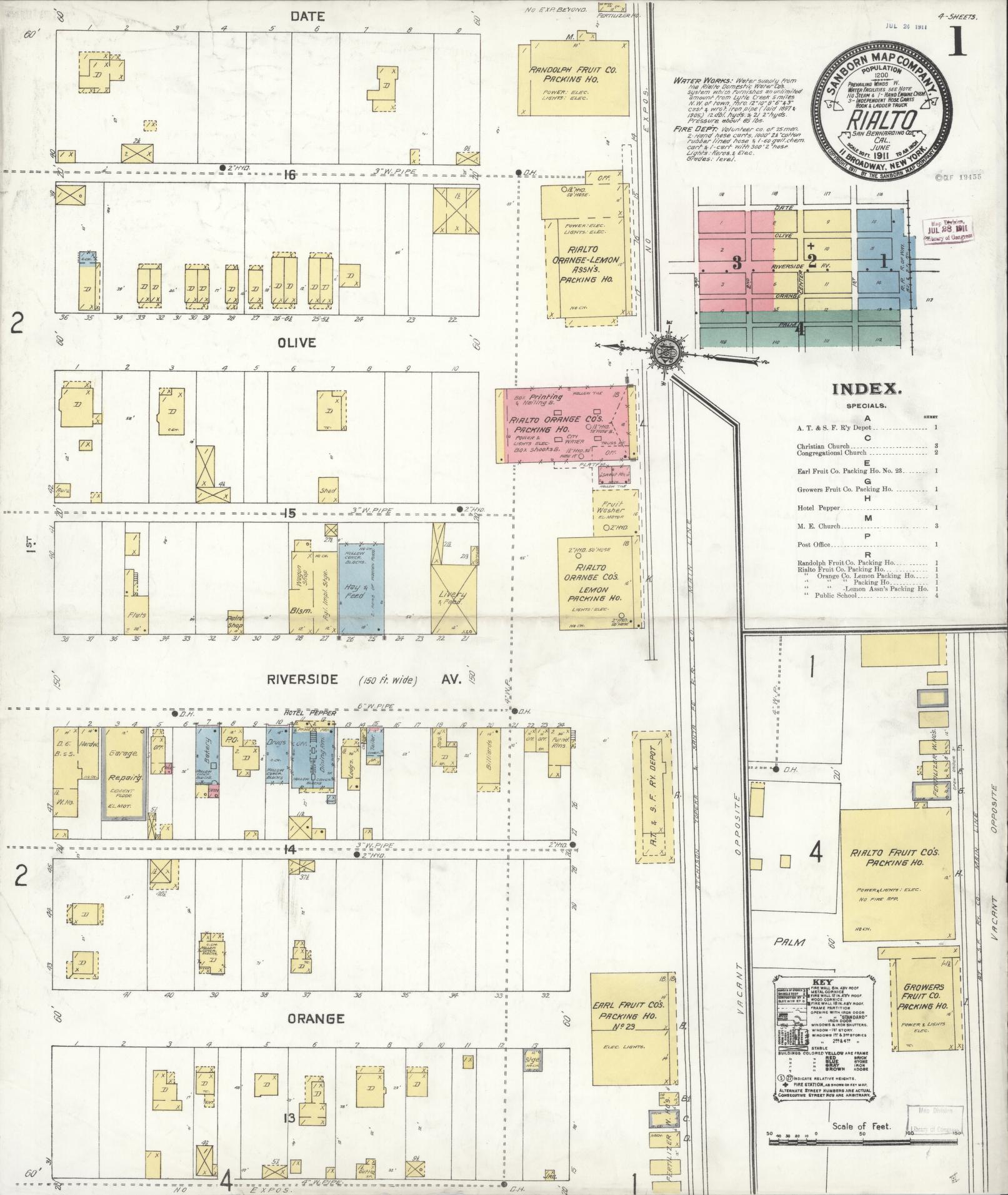 Sanborn Fire Insurance Map from Rialto, San Bernardino County, California (1911), Sheet #0001 - Complete Map Set gallery image, historic Sanborn map, vintage wall art, California California