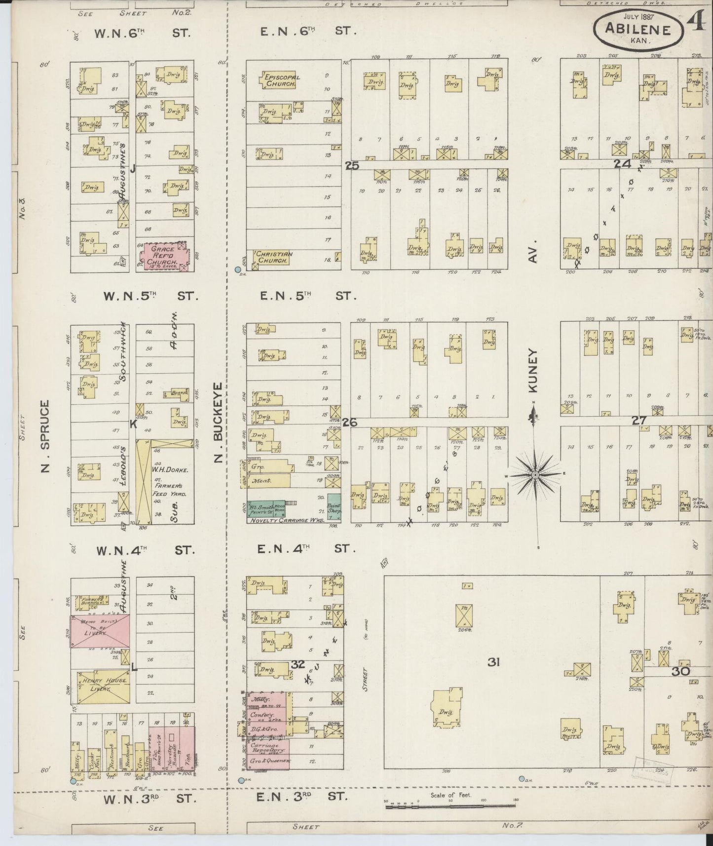 Sanborn Fire Insurance Map from Abilene, Dickinson County, Kansas (1887), Sheet #0004 - Historic Sanborn Fire Insurance Map Print, vintage old map wall art, antique decor, genealogy gift, Kansas Kansas map