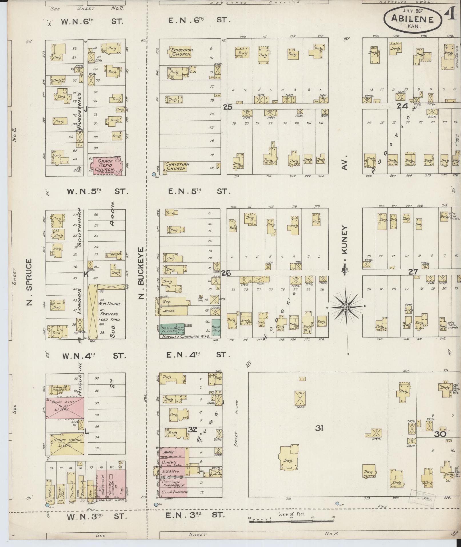 Sanborn Fire Insurance Map from Abilene, Dickinson County, Kansas (1887), Sheet #0004 - Historic Sanborn Fire Insurance Map Print, vintage old map wall art, antique decor, genealogy gift, Kansas Kansas map