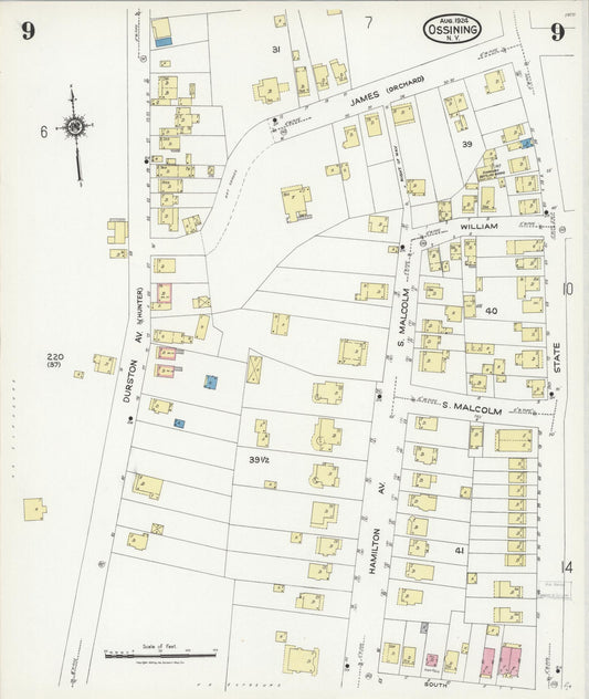 Sanborn Fire Insurance Map from Ossining, Westchester County, New York (1924), Sheet #0009 - Historic Sanborn Fire Insurance Map Print, vintage old map wall art, antique decor, genealogy gift, New York New York map