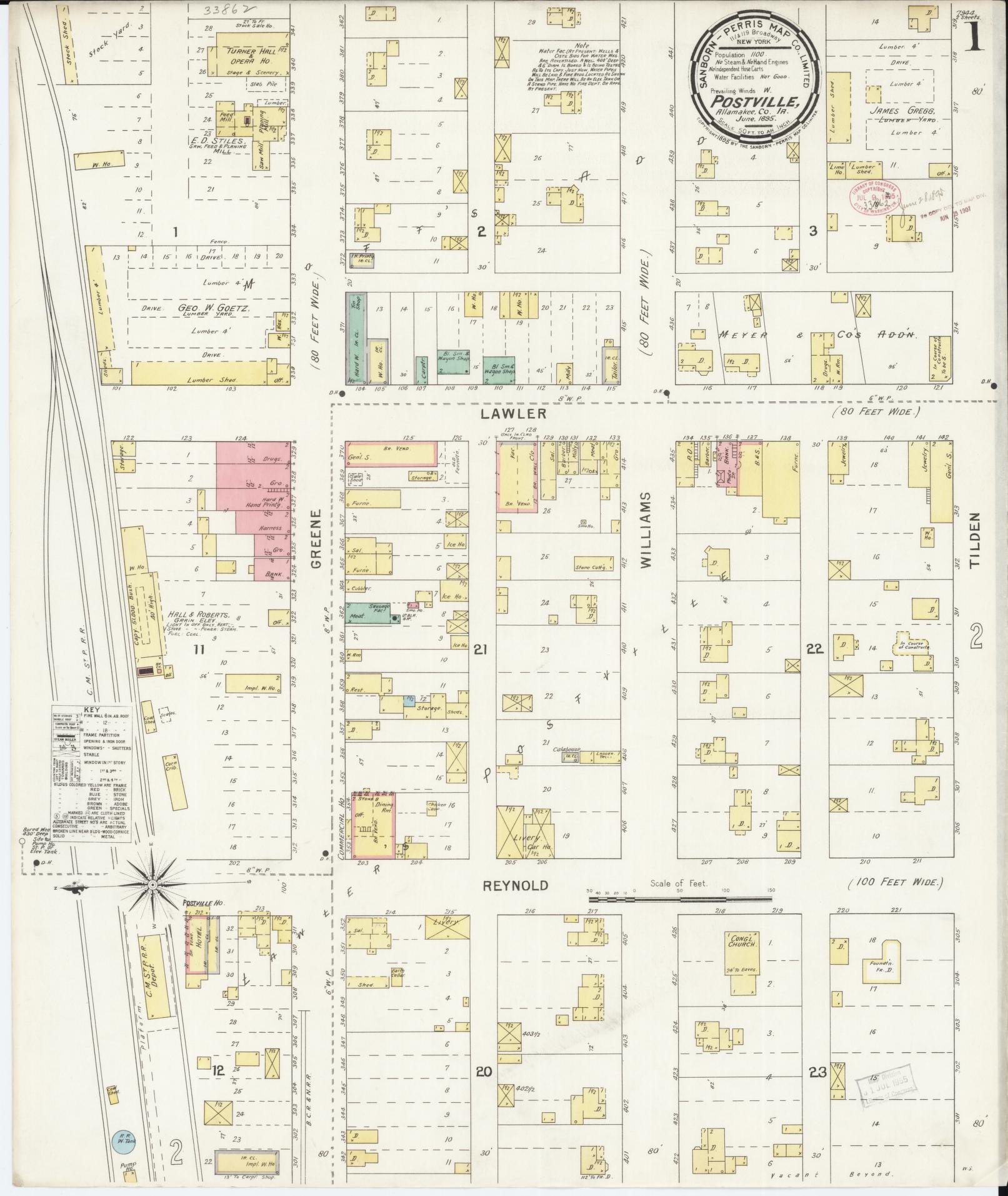 Sanborn Fire Insurance Map from Postville, Allamakee County, Iowa (1895), Sheet #0001 - Historic Sanborn Fire Insurance Map Print, vintage old map wall art