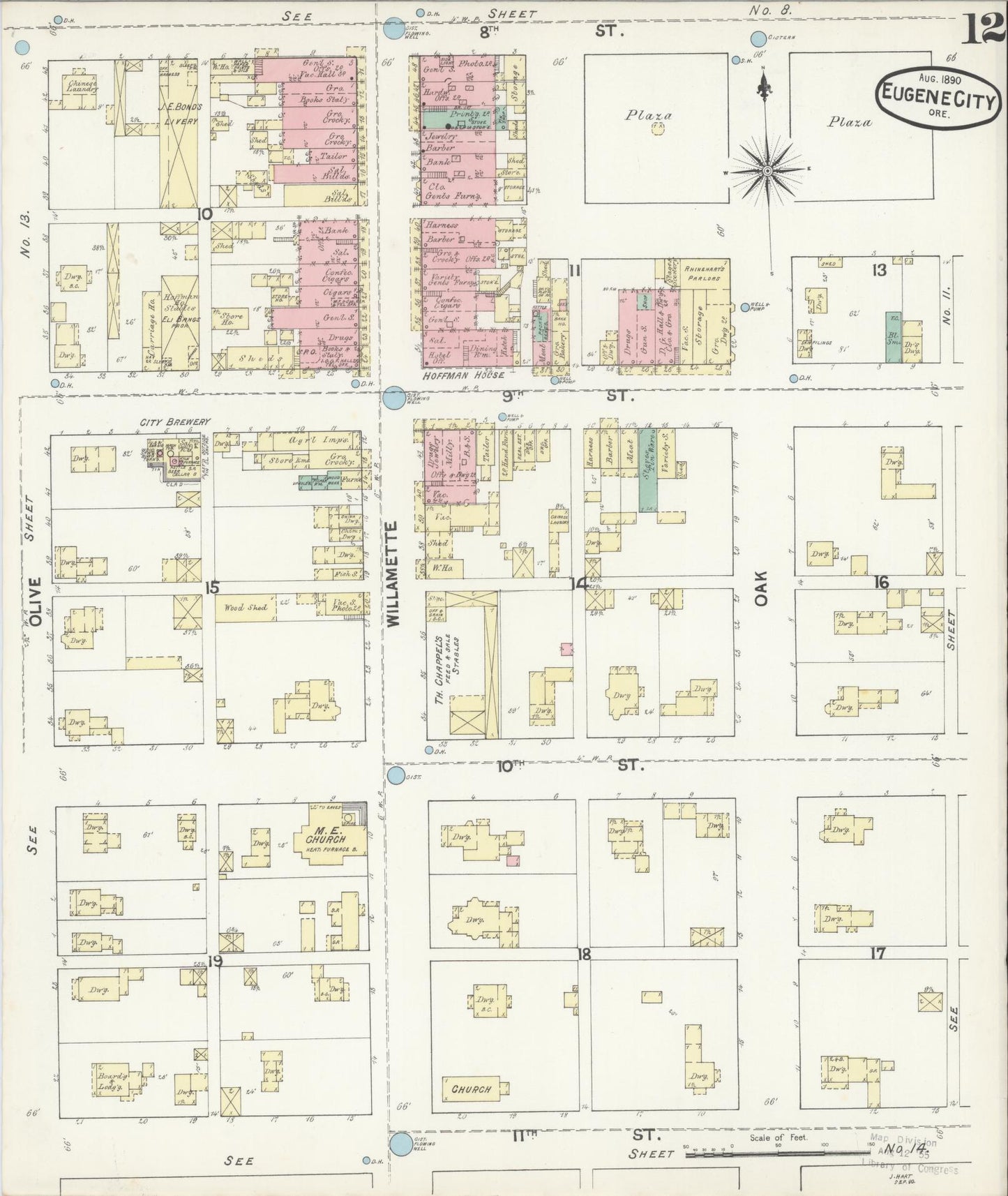 Sanborn Fire Insurance Map from Eugene, Lane County, Oregon (1890), Sheet #0012 - Historic Sanborn Fire Insurance Map Print, vintage old map wall art, antique decor, genealogy gift, Oregon Oregon map