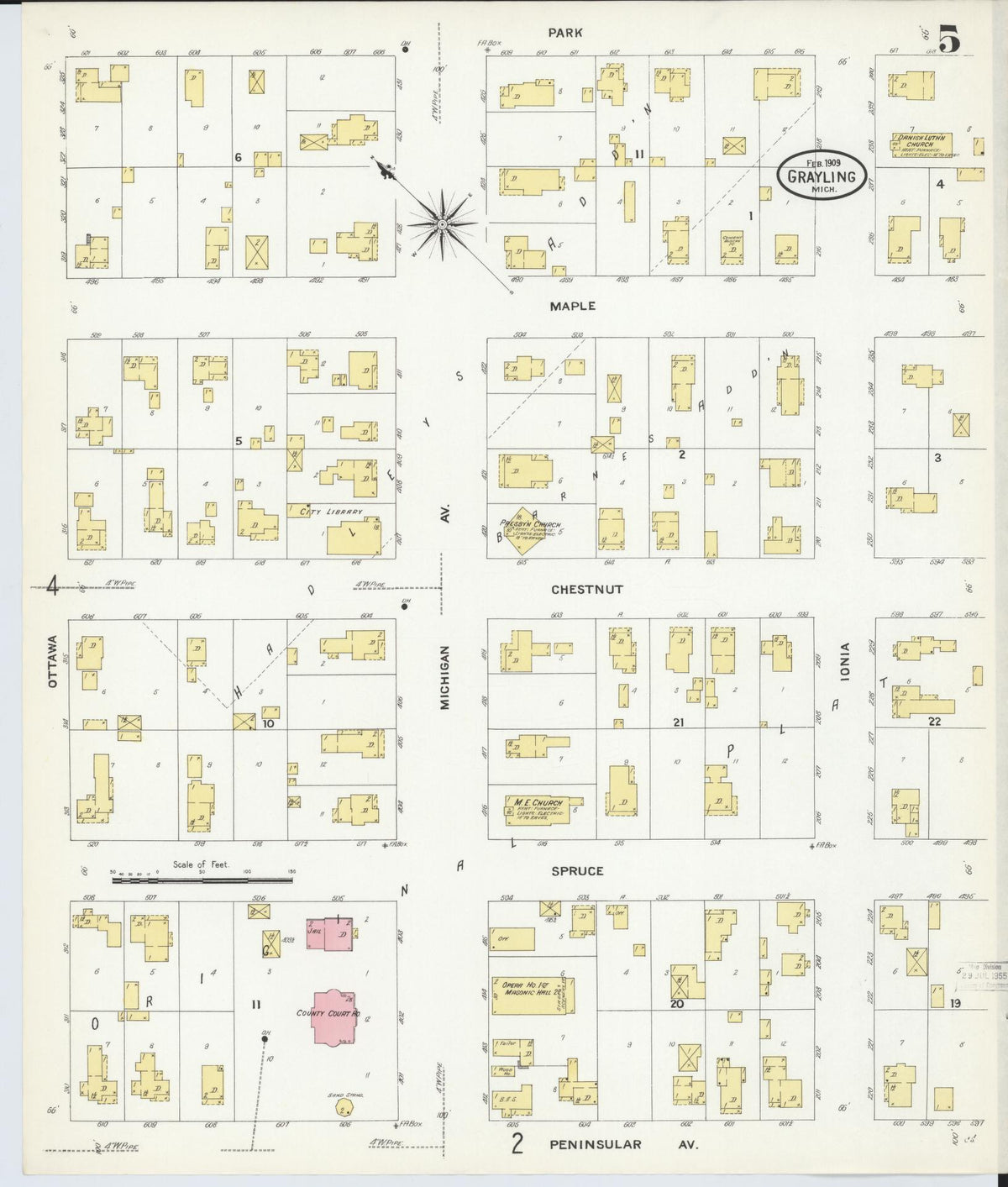 Sanborn Fire Insurance Map from Grayling, Crawford County, Michigan (1909), Sheet #0005 - Historic Sanborn Fire Insurance Map Print, vintage old map wall art, antique decor, genealogy gift, Michigan Michigan map