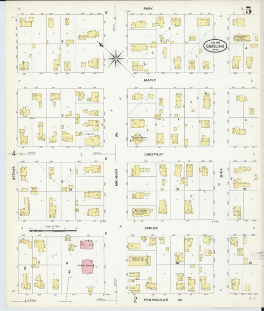 Sanborn Fire Insurance Map from Grayling, Crawford County, Michigan (1909), Sheet #0005 - Historic Sanborn Fire Insurance Map Print, vintage old map wall art, antique decor, genealogy gift, Michigan Michigan map