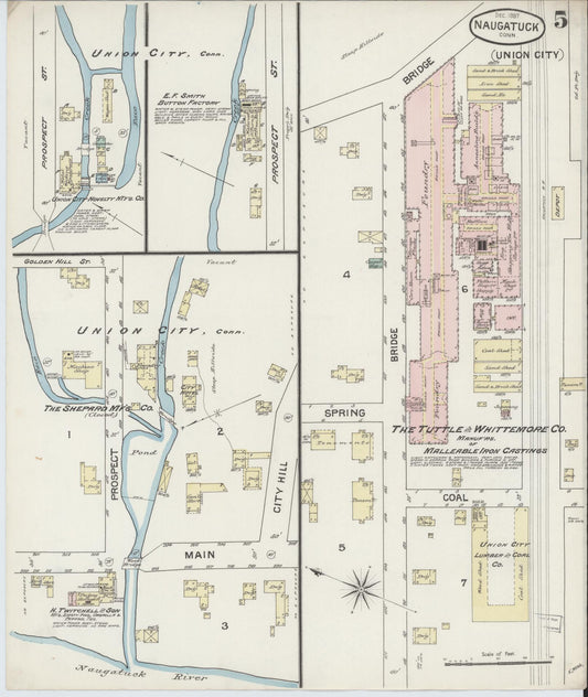 Sanborn Fire Insurance Map from Naugatuck, New Haven County, Connecticut (1887), Sheet #0005 - Historic Sanborn Fire Insurance Map Print, vintage old map wall art, antique decor, genealogy gift, Connecticut Connecticut map