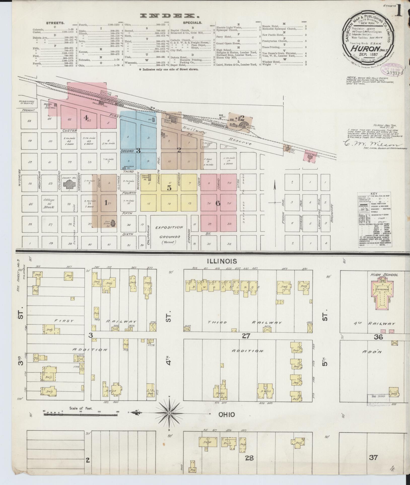 Sanborn Fire Insurance Map from Huron, Beadle County, South Dakota (1887), Sheet #0001 - Complete Map Set gallery image, historic Sanborn map, vintage wall art, South Dakota South Dakota