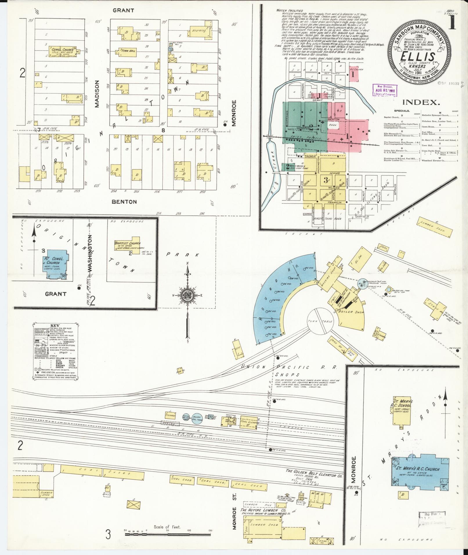Sanborn Fire Insurance Map from Ellis, Ellis County, Kansas (1911), Sheet #0001 - Complete Map Set gallery image, historic Sanborn map, vintage wall art, Kansas Kansas