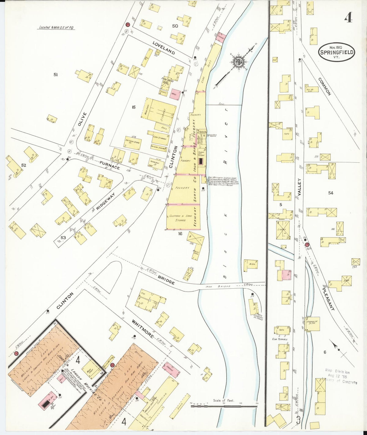 Sanborn Fire Insurance Map from Springfield, Windsor County, Vermont (1910), Sheet #0004 - Complete Map Set gallery image, historic Sanborn map, vintage wall art, Vermont Vermont