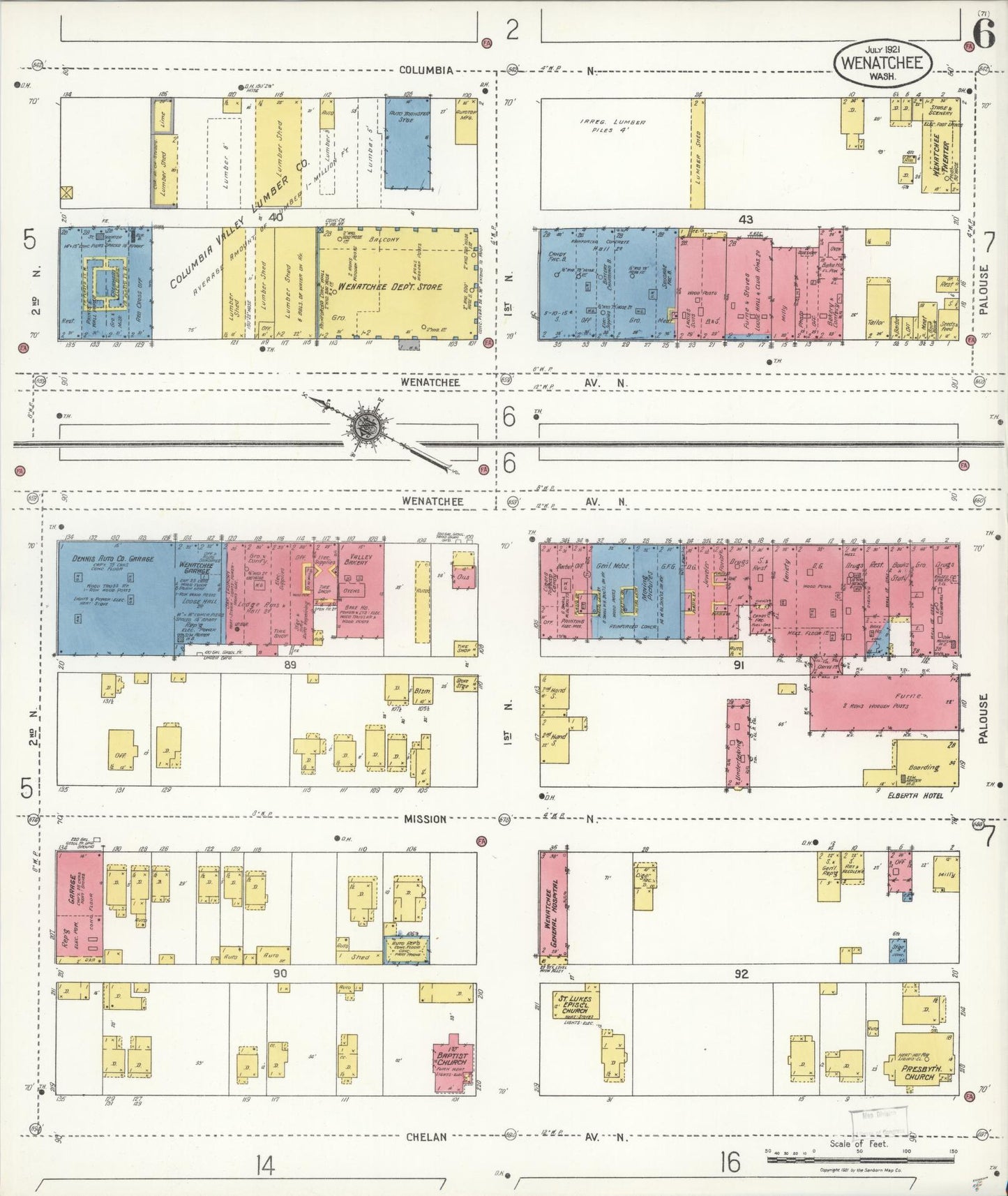 Sanborn Fire Insurance Map from Wenatchee, Chelan County, Washington (1921), Sheet #0006 - Complete Map Set gallery image, historic Sanborn map, vintage wall art, Washington Washington