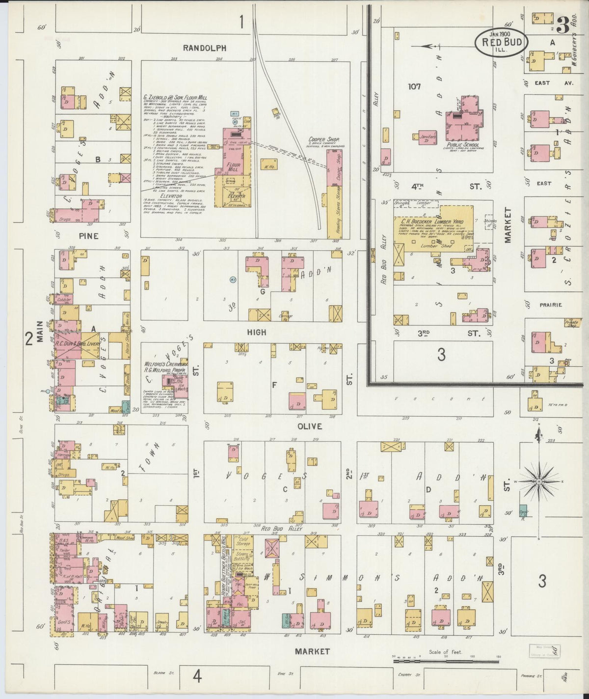 Sanborn Fire Insurance Map from Red Bud, Randolph County, Illinois (1900), Sheet #0003 - Complete Map Set gallery image, historic Sanborn map, vintage wall art, Illinois Illinois