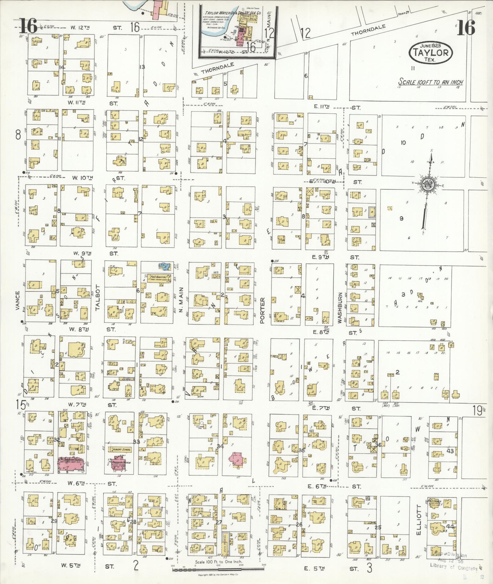 Sanborn Fire Insurance Map from Taylor, Williamson County, Texas (1923), Sheet #0016 - Complete Map Set gallery image, historic Sanborn map, vintage wall art, Texas Texas