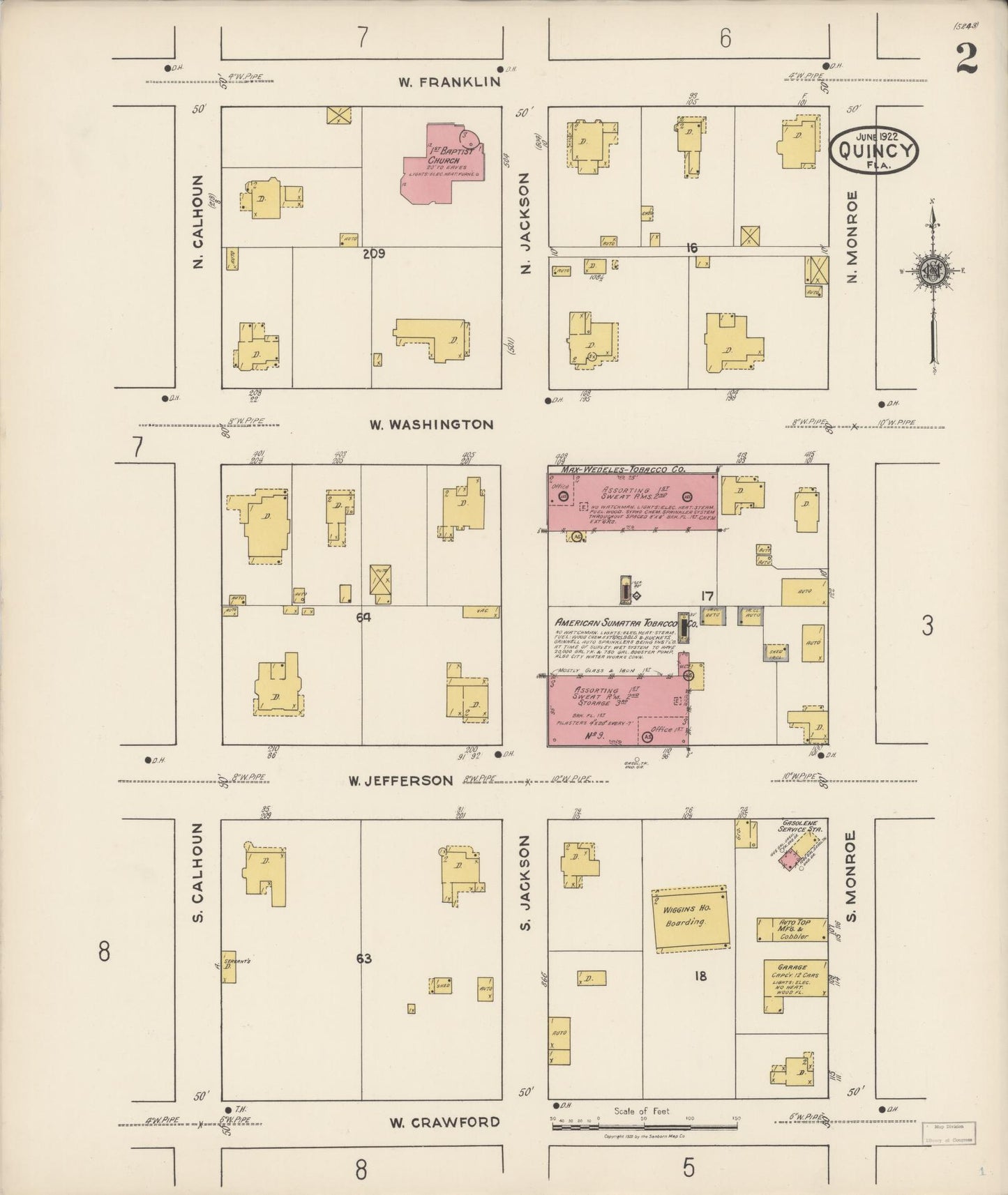 Sanborn Fire Insurance Map from Quincy, Gadsden County, Florida (1922), Sheet #0002 - Complete Map Set gallery image, historic Sanborn map, vintage wall art, Florida Florida