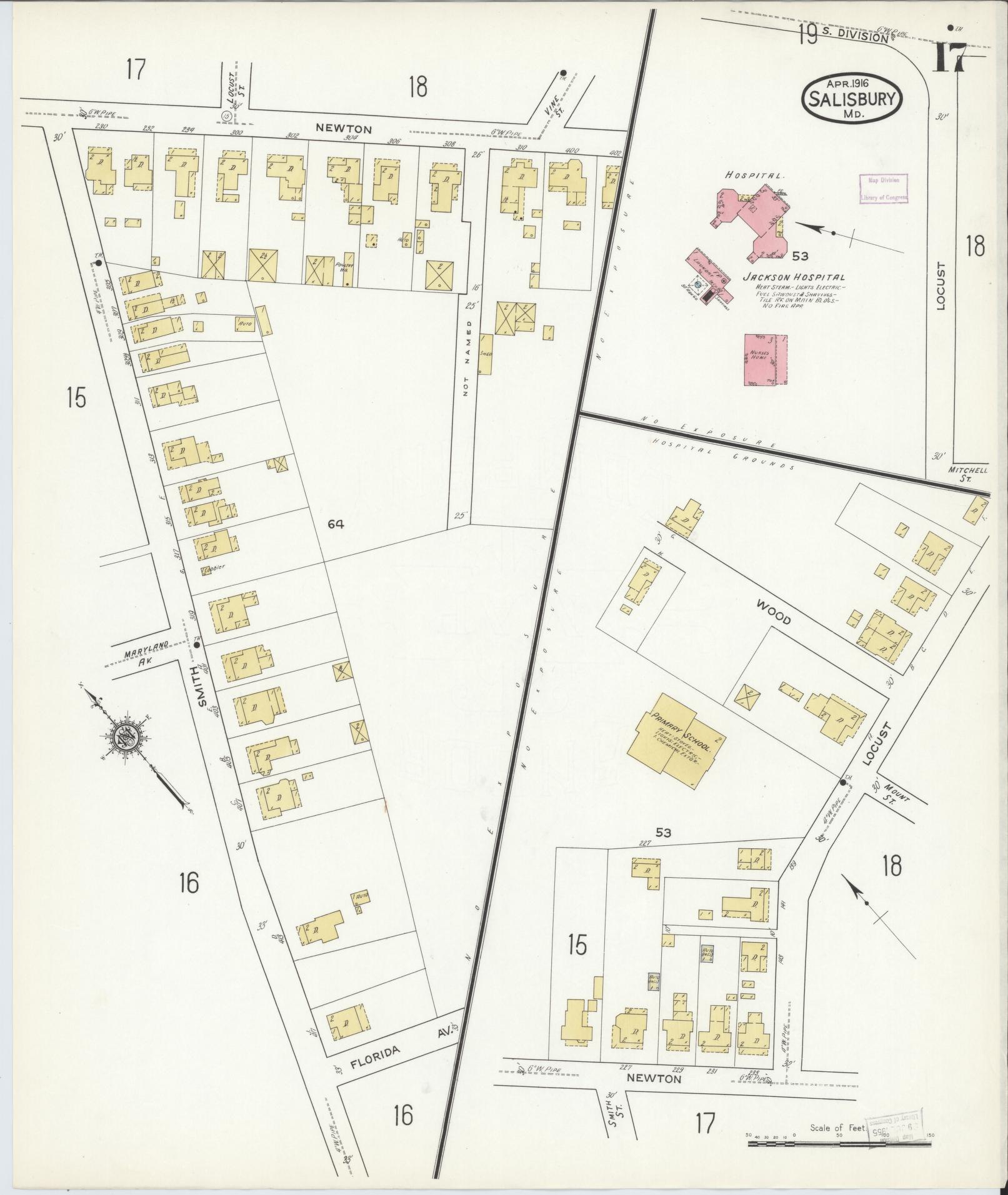Sanborn Fire Insurance Map from Salisbury, Wicomico County, Maryland (1916), Sheet #0017 - Historic Sanborn Fire Insurance Map Print, vintage old map wall art