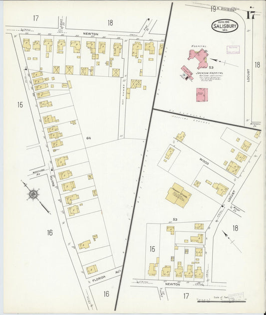Sanborn Fire Insurance Map from Salisbury, Wicomico County, Maryland (1916), Sheet #0017 - Historic Sanborn Fire Insurance Map Print, vintage old map wall art