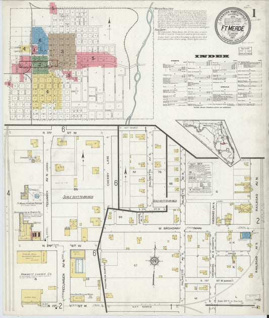 Sanborn Fire Insurance Map from Fort Meade, Polk County, Florida (1917), Sheet #0001 - Complete Map Set gallery image, historic Sanborn map, vintage wall art, Florida Florida