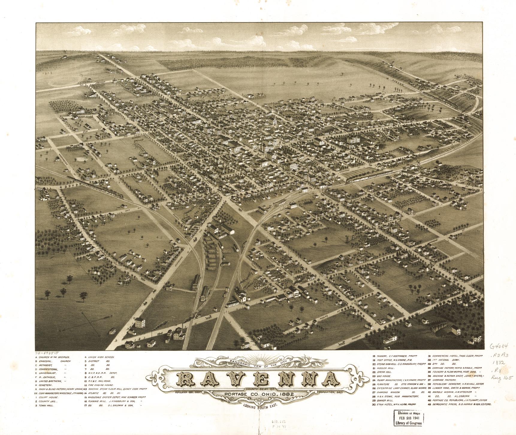 Panoramic view of the city of Ravenna, county seat of Portage Co., Ohio 1882. (1882) – Historic Bird’s-Eye View Panorama Print