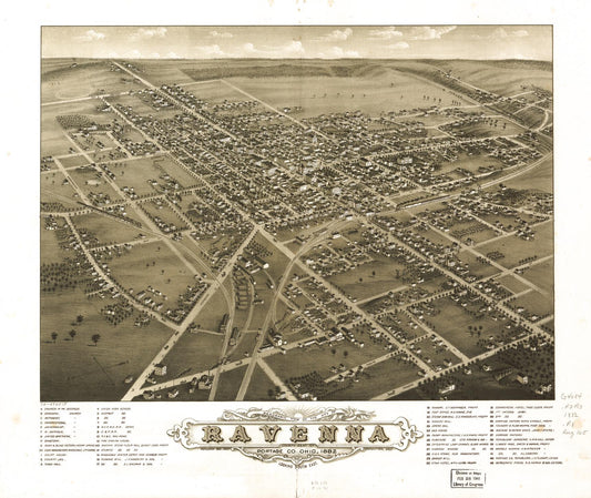Panoramic view of the city of Ravenna, county seat of Portage Co., Ohio 1882. (1882) – Historic Bird’s-Eye View Panorama Print