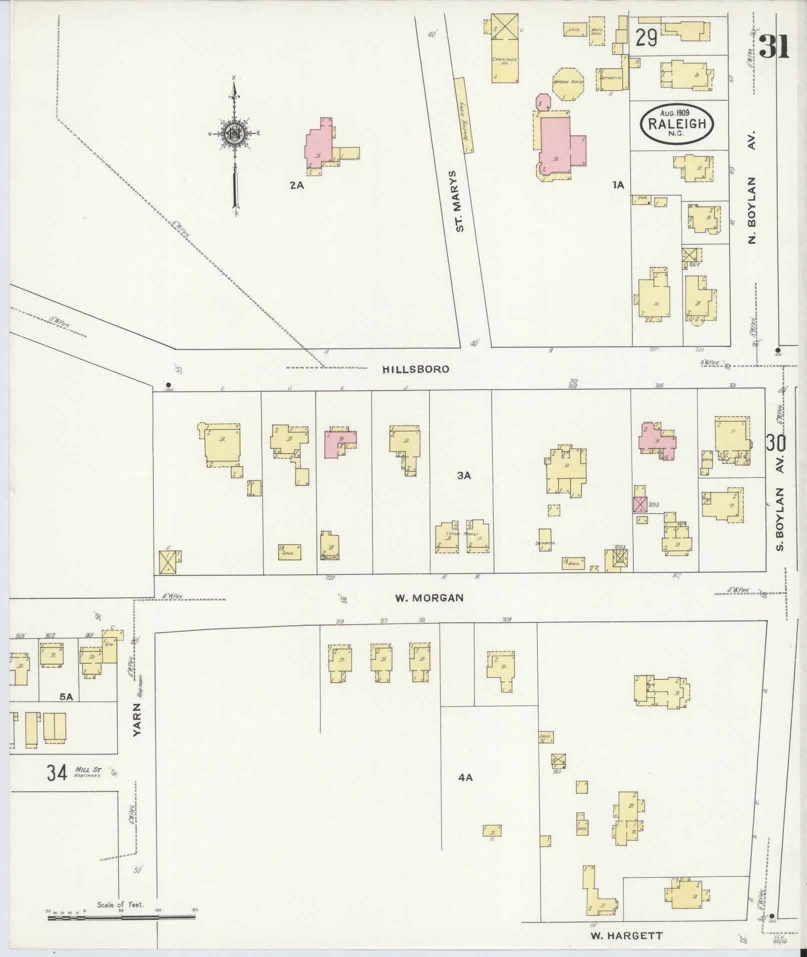 Sanborn Fire Insurance Map from Raleigh, Wake County, North Carolina (1909), Sheet #0031 - Historic Sanborn Fire Insurance Map Print, vintage old map wall art, antique decor, genealogy gift, North Carolina North Carolina map