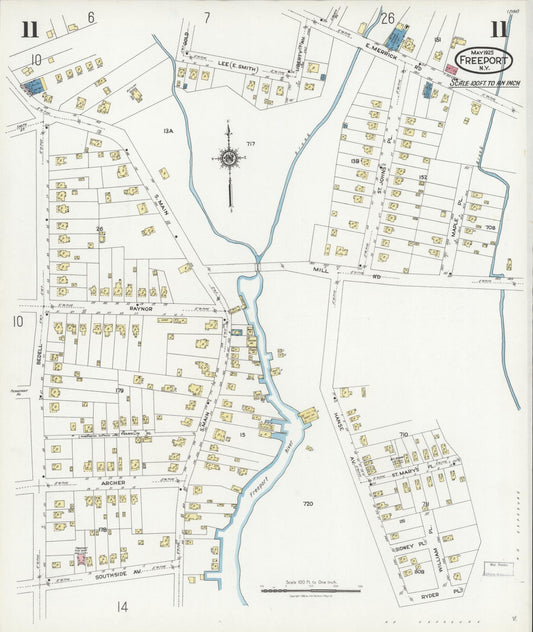 Sanborn Fire Insurance Map from Freeport, Nassau County, New York (1925), Sheet #0011 - Historic Sanborn Fire Insurance Map Print, vintage old map wall art, antique decor, genealogy gift, New York New York map